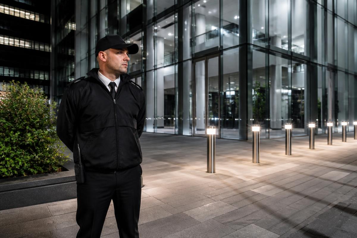 Uniformed security guard patrolling a corporate building at night