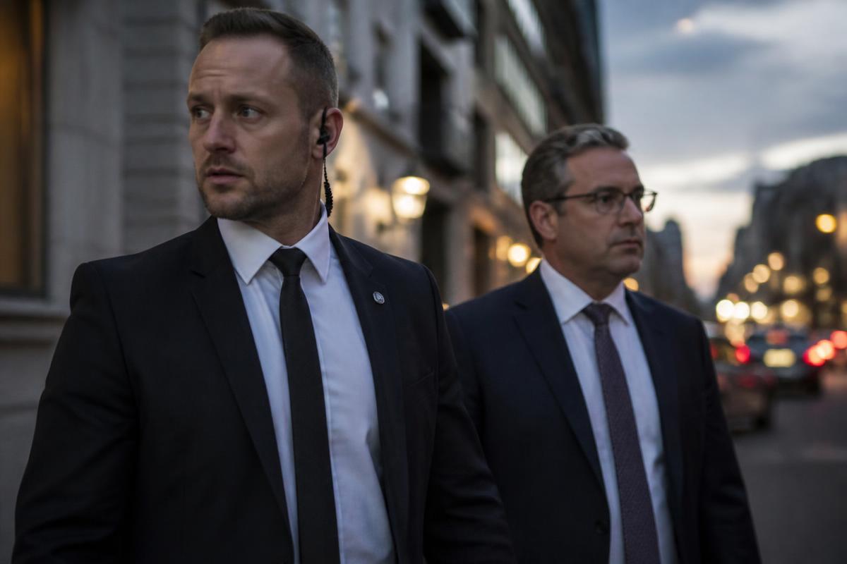 Close protection officer escorting a business executive on a city street