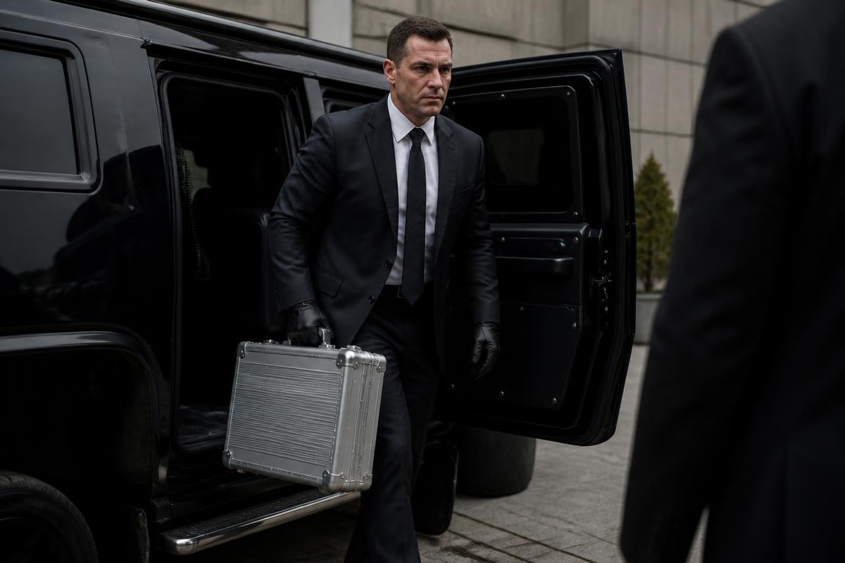 Security officer carrying a secure case from an armoured vehicle